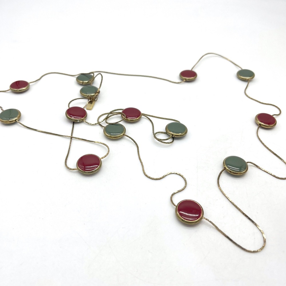 Belladentro‎ Gold Tone Long Necklace Red Green Round Enamel Beaded Statement